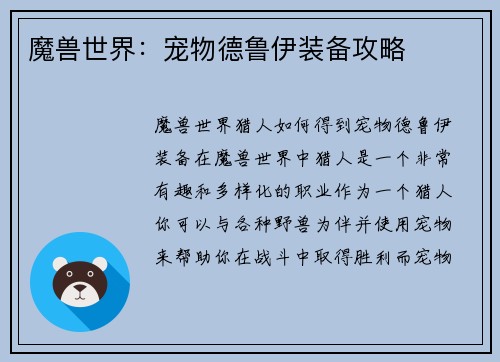 魔兽世界：宠物德鲁伊装备攻略